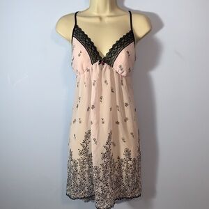 Apt. 9 babydoll nightie slip dress teddy cami baby pink black lace floral size L